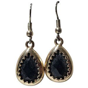 Elegant Retro Gold Tone Black Gemstone Teardrop Earrings Classic Fashion Jewelry